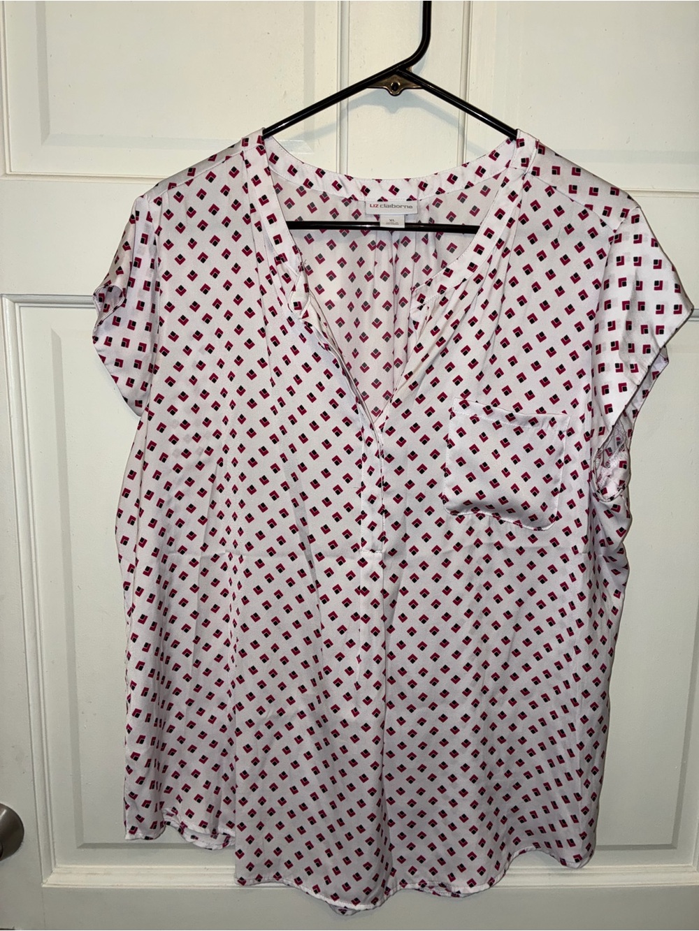 Liz Claiborne White Blouse with Red Diamond Print